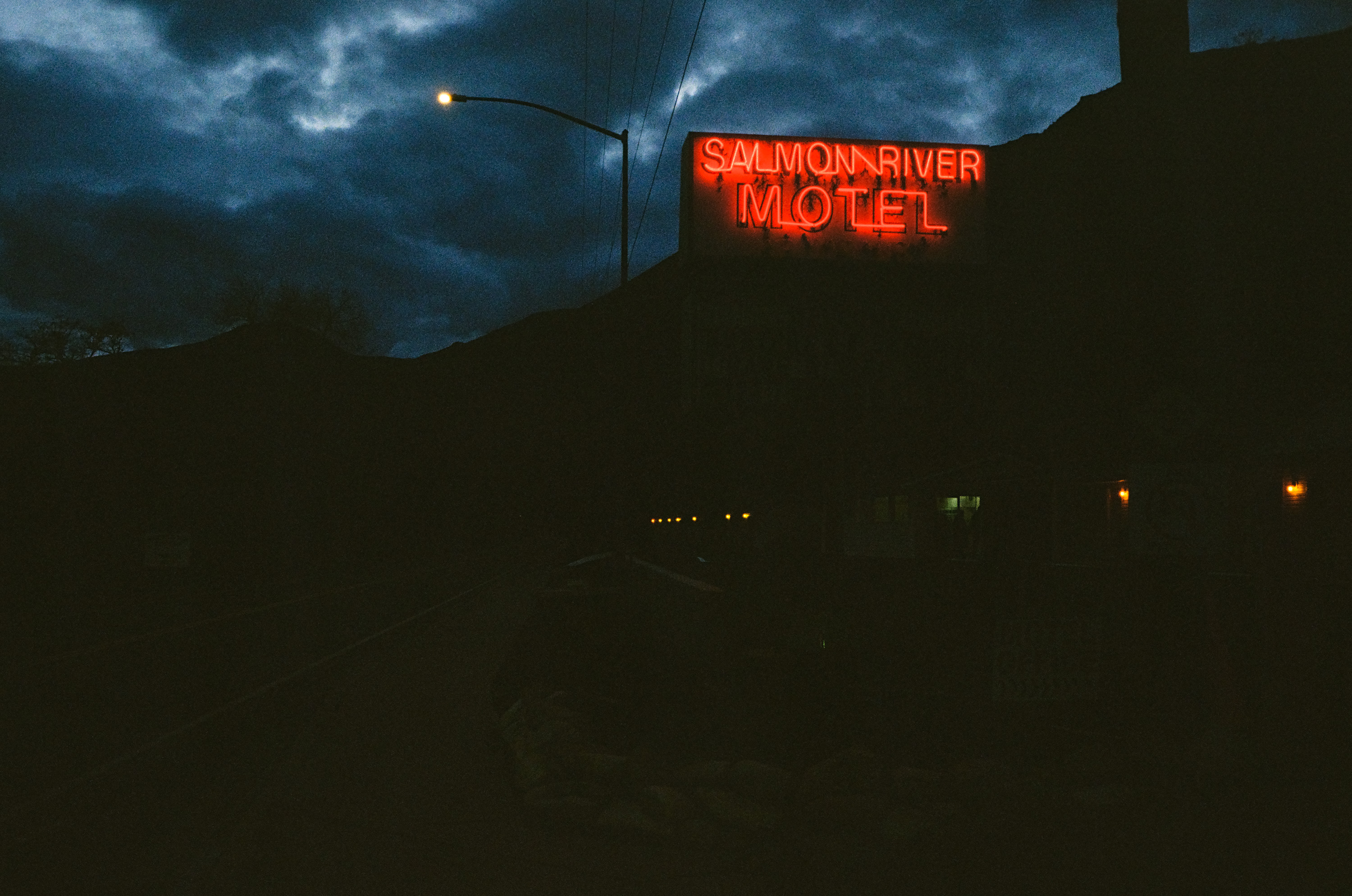 Salmon River Motel neon sign photographed at night in Riggins, Idaho.